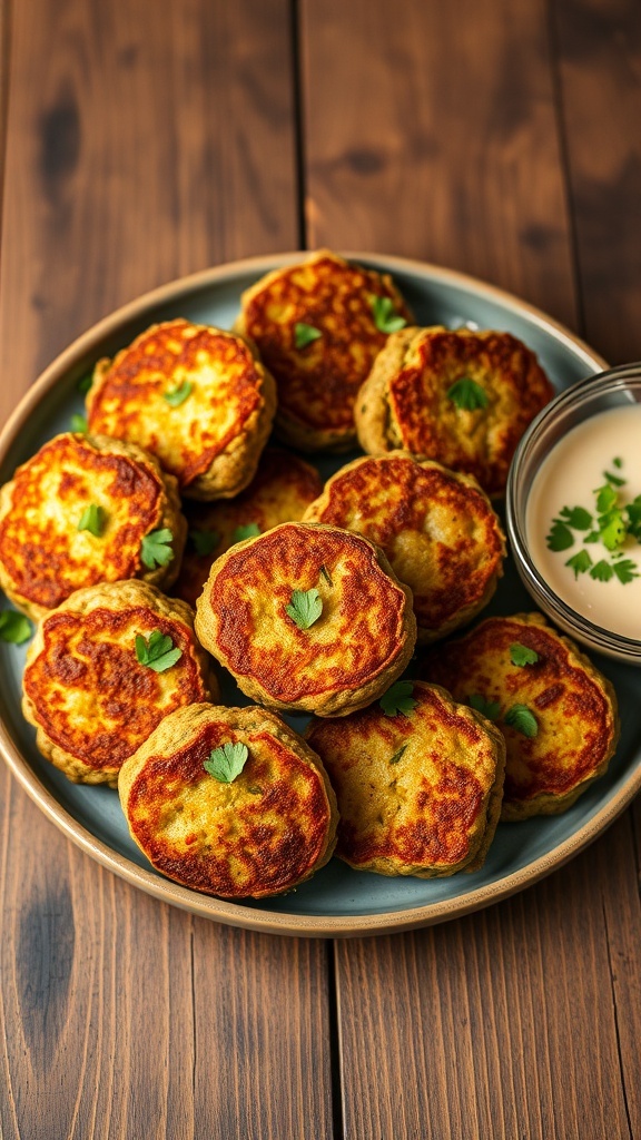 Crispy broccoli patties on a plate with herbs and dipping sauce.